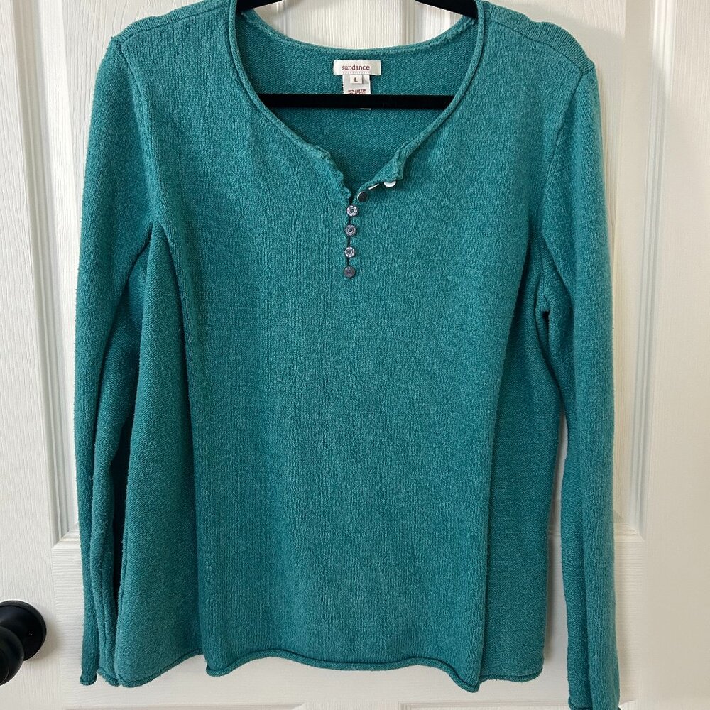Sundance Henley Sweater Homestead Teal Blue Roll Neck Silk Blend